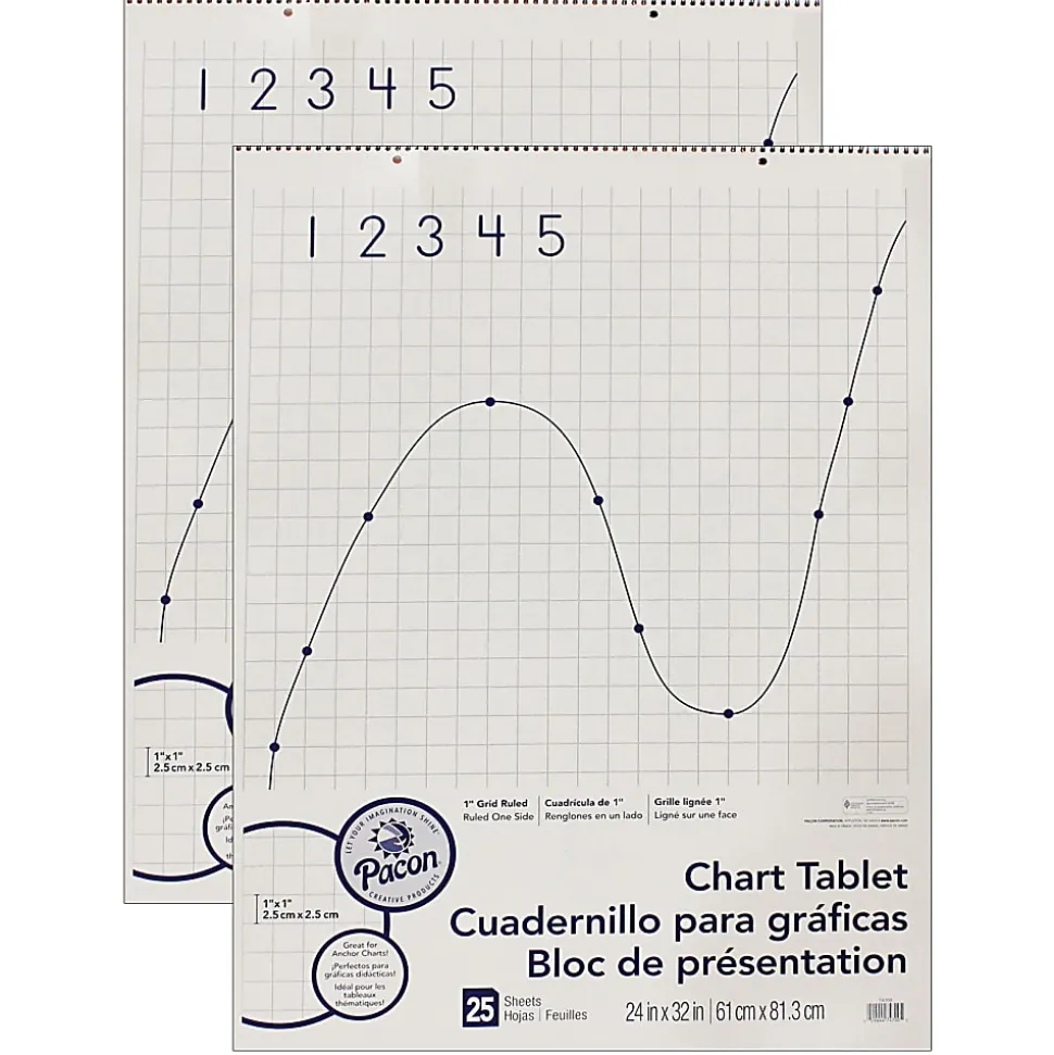 Pacon® Grid-Ruled Chart Tablets, Spiral Bound, 24" x 32", 1" Grid, 25 Sheets, White, Pack Of 2 Tablets