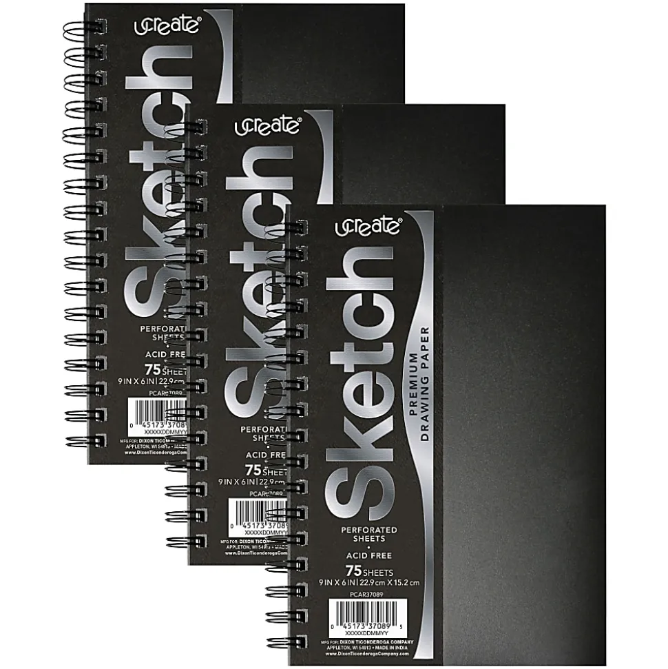 Pacon® UCreate Poly Cover Sketch Books, 6" x 9", 75 Sheets, Black, Pack Of 3 Books