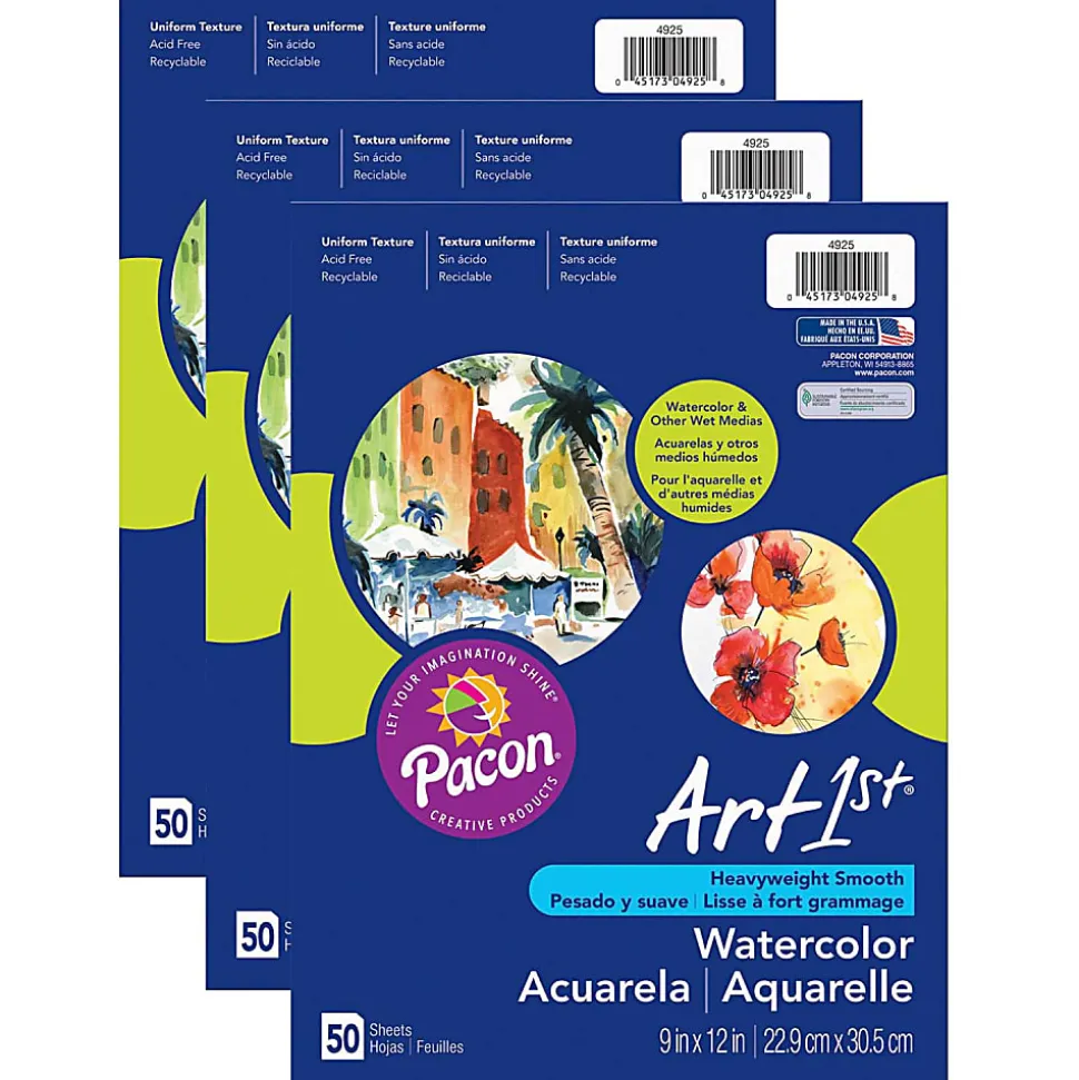 Pacon® UCreate Watercolor Paper, 9" x 12", White, 50 Sheets Per Pack, Set Of 3 Packs