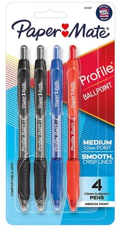 Paper Mate Ballpoint Pen, Profile Retractable Pen, Medium Point (1.0mm), Assorted, 4 Count