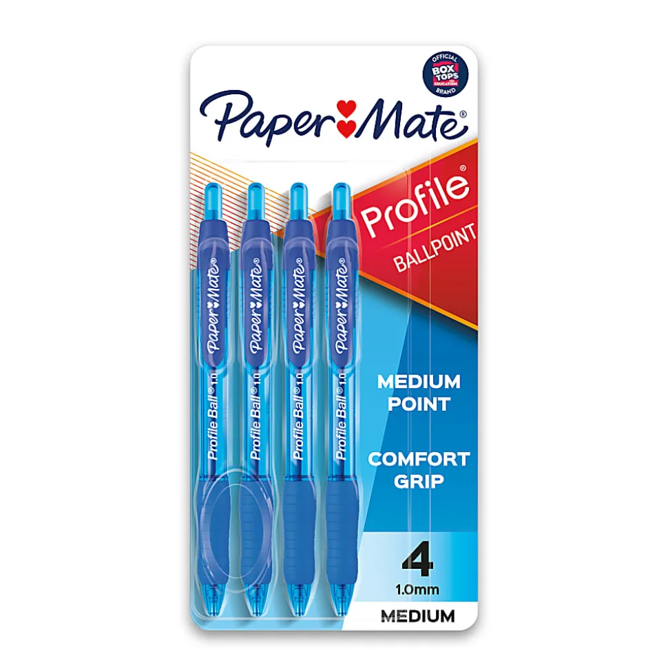 Paper Mate Ballpoint Pen, Profile Retractable Pen, Medium Point (1.0mm), Blue, 4 Count