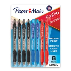 Paper Mate Ballpoint Pen, Profile Retractable Pen, Medium Point (1.0mm), Assorted, 8 Count