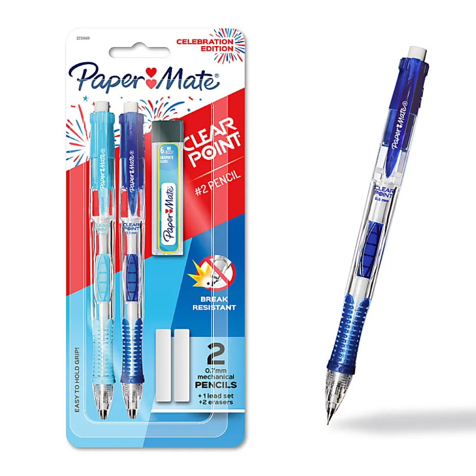Paper Mate® Clearpoint® Mechanical Pencils, HB #2 Lead (0.7mm), Assorted Barrel Colors, 2 Pencil/1 Lead Refill/2 Eraser, USA 250th Anniversary Edition