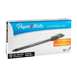 Paper Mate® Comfortmate™ Ultra Ballpoint Stick Pens, Medium Point, 1.0 mm, Black Barrel, Black Ink, Pack Of 12