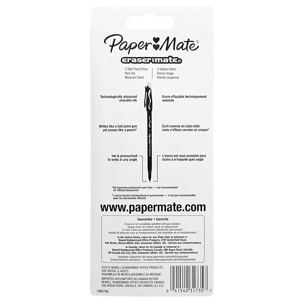 Paper Mate® EraserMate® Ballpoint Pens, Pack of 5, Medium Point, 1.0 mm, Red Barrel, Red Ink