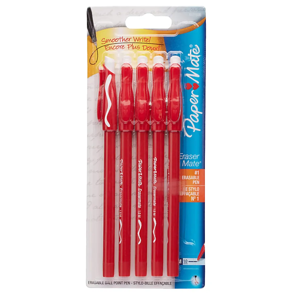 Paper Mate® EraserMate® Ballpoint Pens, Pack of 5, Medium Point, 1.0 mm, Red Barrel, Red Ink