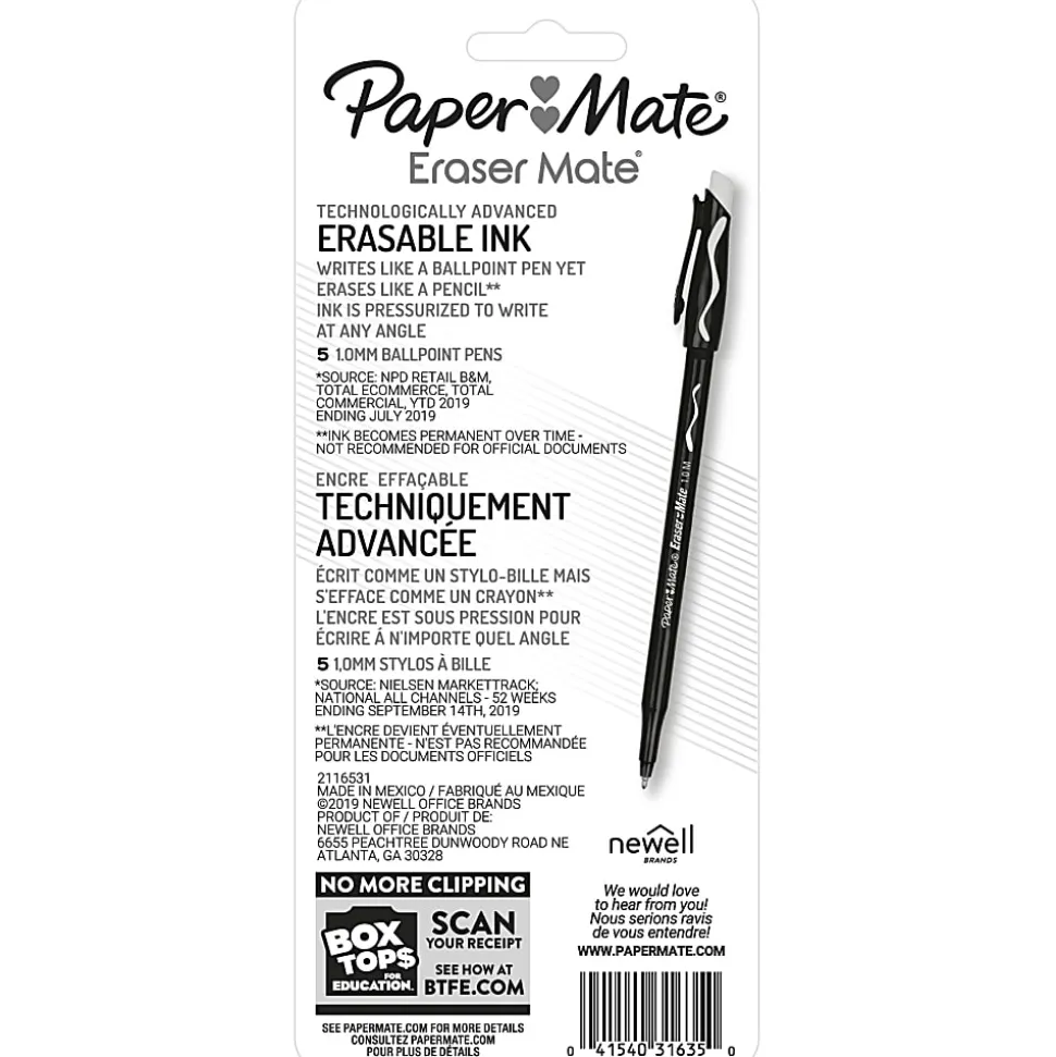 Paper Mate® EraserMate® Ballpoint Pens, Pack of 5, Medium Point, 1.0 mm, Black Barrel, Black Ink