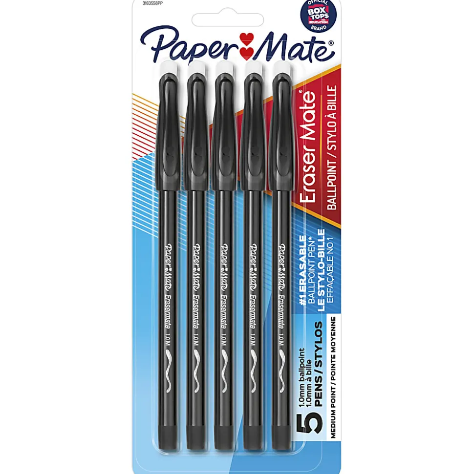 Paper Mate® EraserMate® Ballpoint Pens, Pack of 5, Medium Point, 1.0 mm, Black Barrel, Black Ink