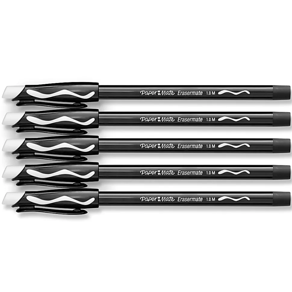 Paper Mate® EraserMate® Ballpoint Pens, Pack of 5, Medium Point, 1.0 mm, Black Barrel, Black Ink