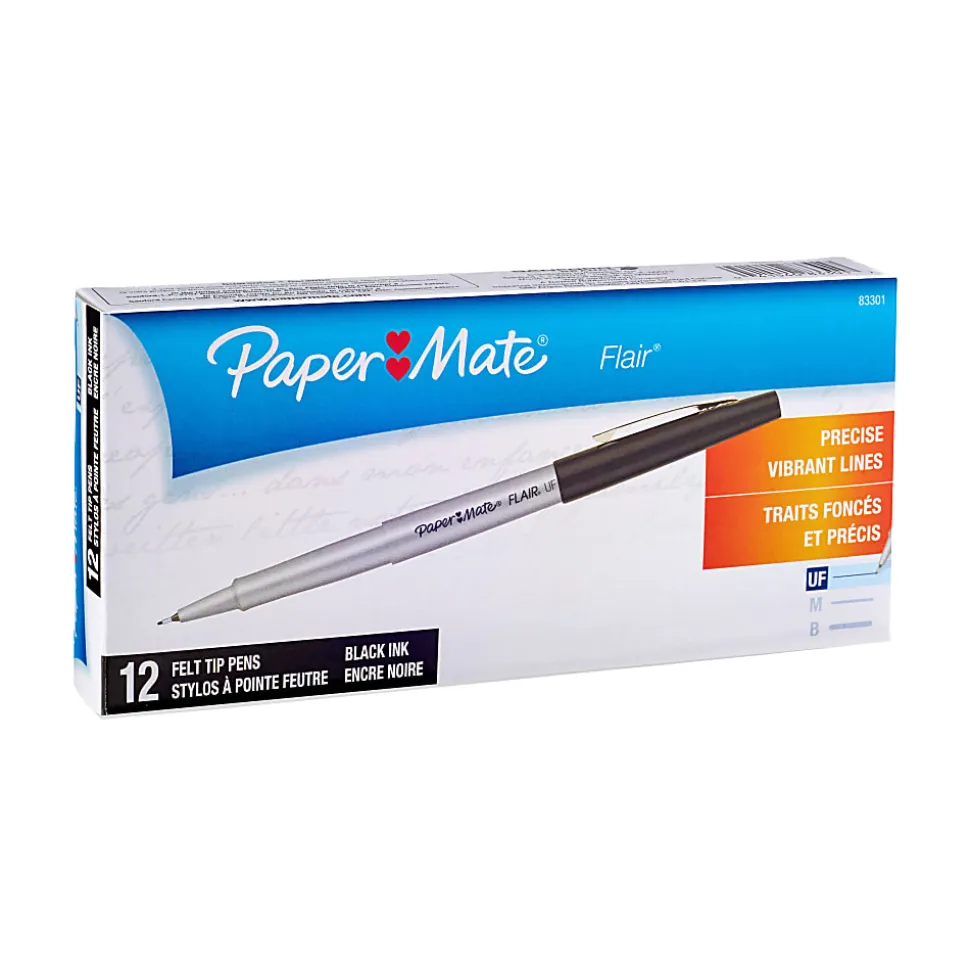Paper Mate® Flair® Porous-Point Pens, Ultra Fine Point, 0.4 mm, Black Barrel, Black Ink, Pack Of 12