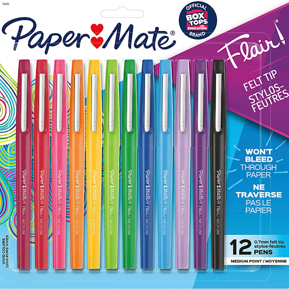 Paper Mate® Flair Porous-Point Pens, Medium Point, 0.7 mm, Assorted Ink Colors, Pack Of 12 Pens