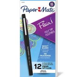 Paper Mate® Flair® Porous-Point Pens, Medium Point, 0.7 mm, Black Barrel, Black Ink, Pack Of 12 Pens