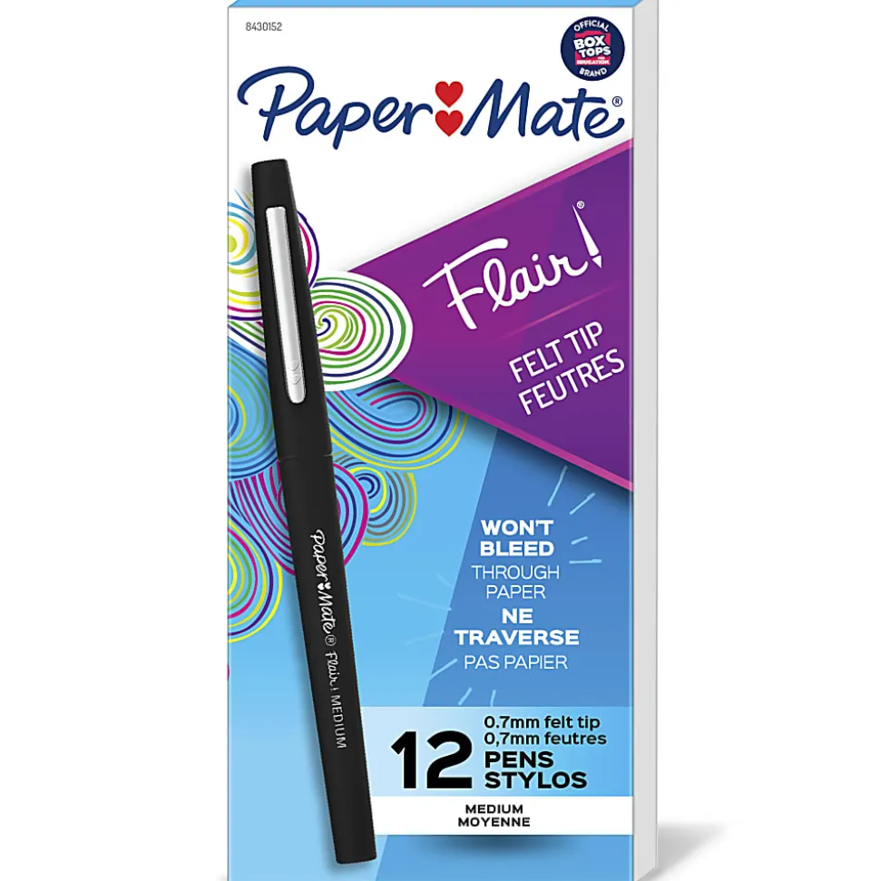 Paper Mate® Flair® Porous-Point Pens, Medium Point, 0.7 mm, Black Barrel, Black Ink, Pack Of 12 Pens