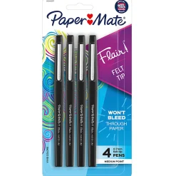 Paper Mate® Flair® Porous-Point Pens, Medium Point, 0.7 mm, Black Barrel, Black Ink, Pack Of 4