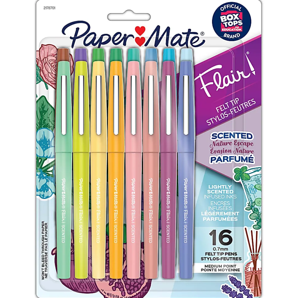 Paper Mate Flair Scented Felt-Tip Pens, Pack Of 16 Pens, Medium Tips, 0.7 mm, Assorted Nature Escape Scents And Colors