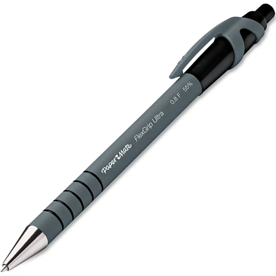 Paper Mate® FlexGrip Ultra™ Retractable Pens, Fine Point, 0.8 mm, Black Barrel, Black Ink, Pack Of 12