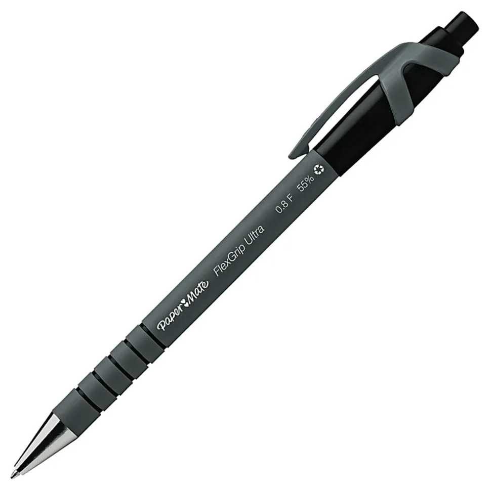 Paper Mate® FlexGrip Ultra™ Retractable Pens, Fine Point, 0.8 mm, Black Barrel, Black Ink, Pack Of 12