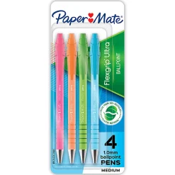 Paper Mate FlexGrip Ultra Retractable Ballpoint Pens, Medium Point, 1.0 mm, Assorted Barrel Colors, Black Ink, Pack Of 4 Pens