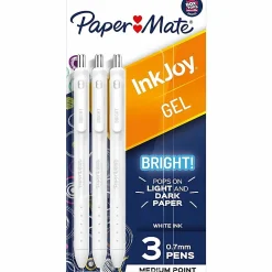 Paper Mate InkJoy Bright Retractable Gel Pens, Medium Point, 0.7 mm, White Barrels, White Ink, Pack Of 3 Pens