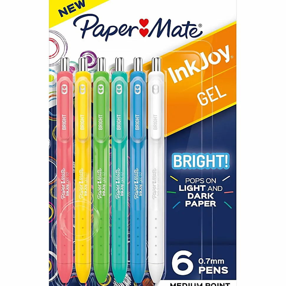 Paper Mate InkJoy Bright Retractable Gel Pens, Medium Point, 0.7 mm, Assorted Barrels, Assorted Ink, Pack Of 6 Pens