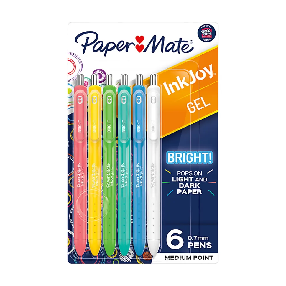 Paper Mate InkJoy Bright Retractable Gel Pens, Medium Point, 0.7 mm, Assorted Barrels, Assorted Ink, Pack Of 6 Pens