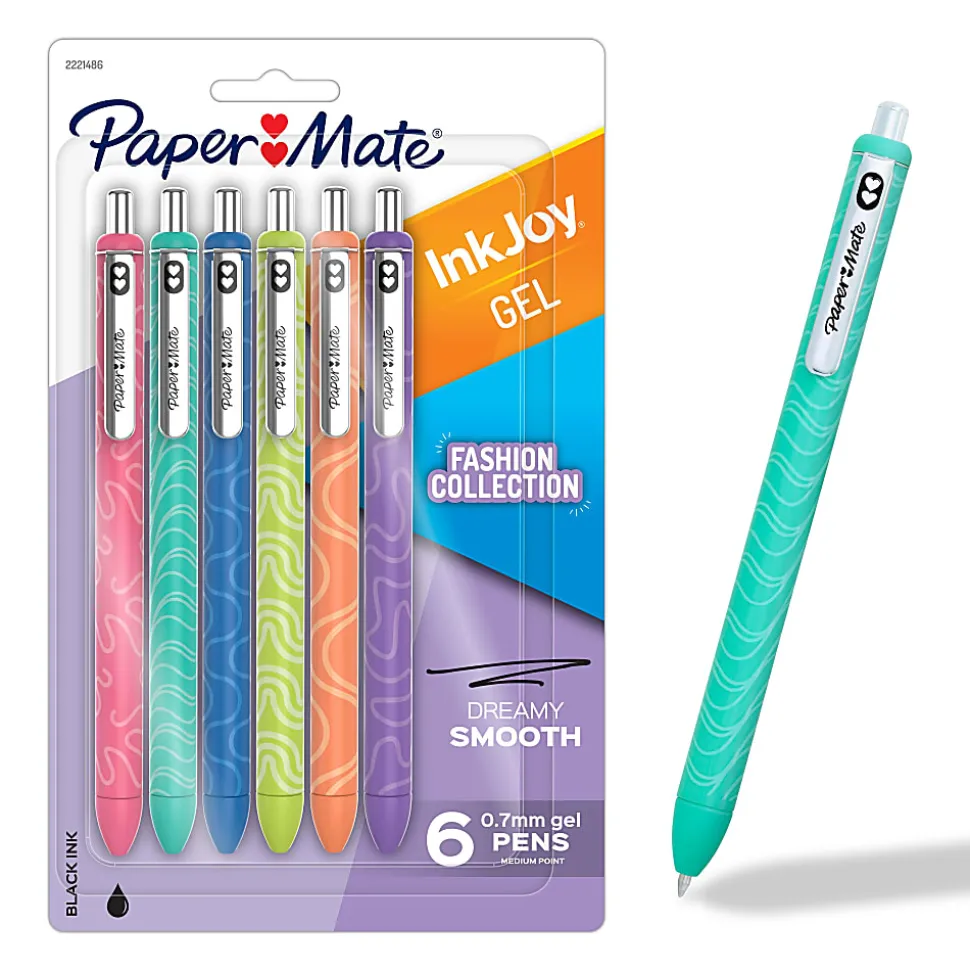 Paper Mate InkJoy Gel Pens, Fashion Barrels, Retractable, Medium Point (0.7mm), Black Ink, 6 Count