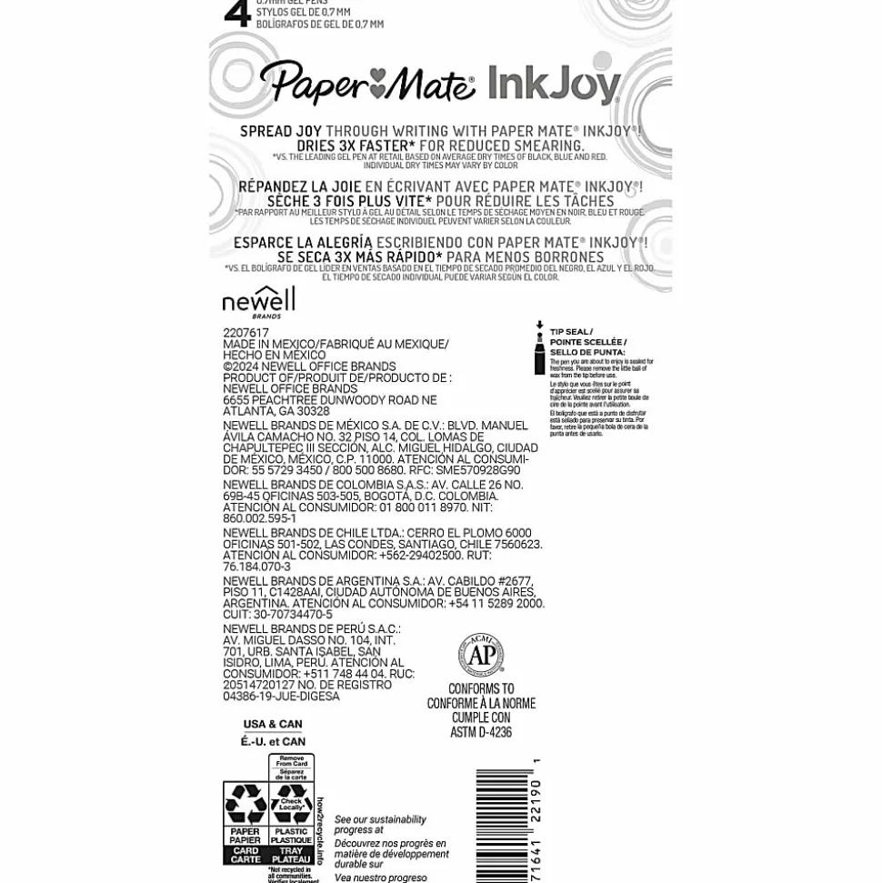 Paper Mate InkJoy Gel Pens, Medium Point, 0.7 mm, Assorted Tropical Vacation Colors, Pack Of 4 Pens