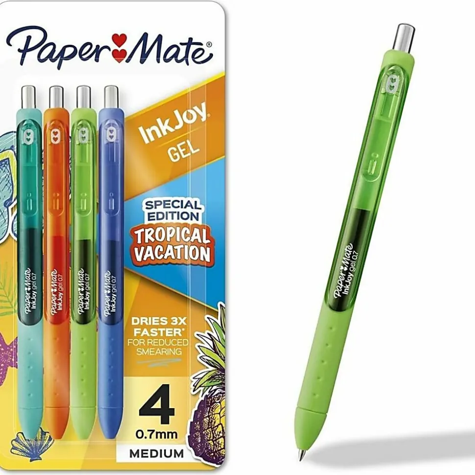 Paper Mate InkJoy Gel Pens, Medium Point, 0.7 mm, Assorted Tropical Vacation Colors, Pack Of 4 Pens
