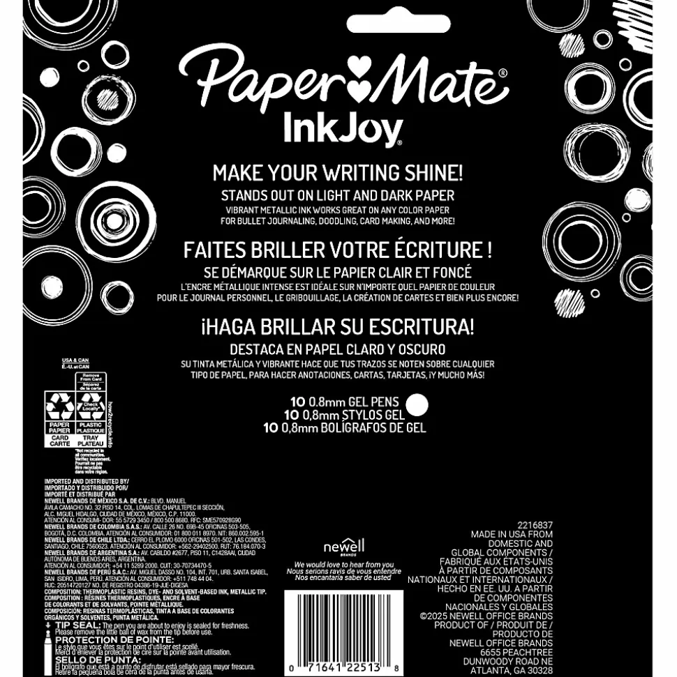 Paper Mate InkJoy Gel Pens, Metallic Pens, Retractable, Medium Point, (0.8mm) Assorted Colors, 10 Count