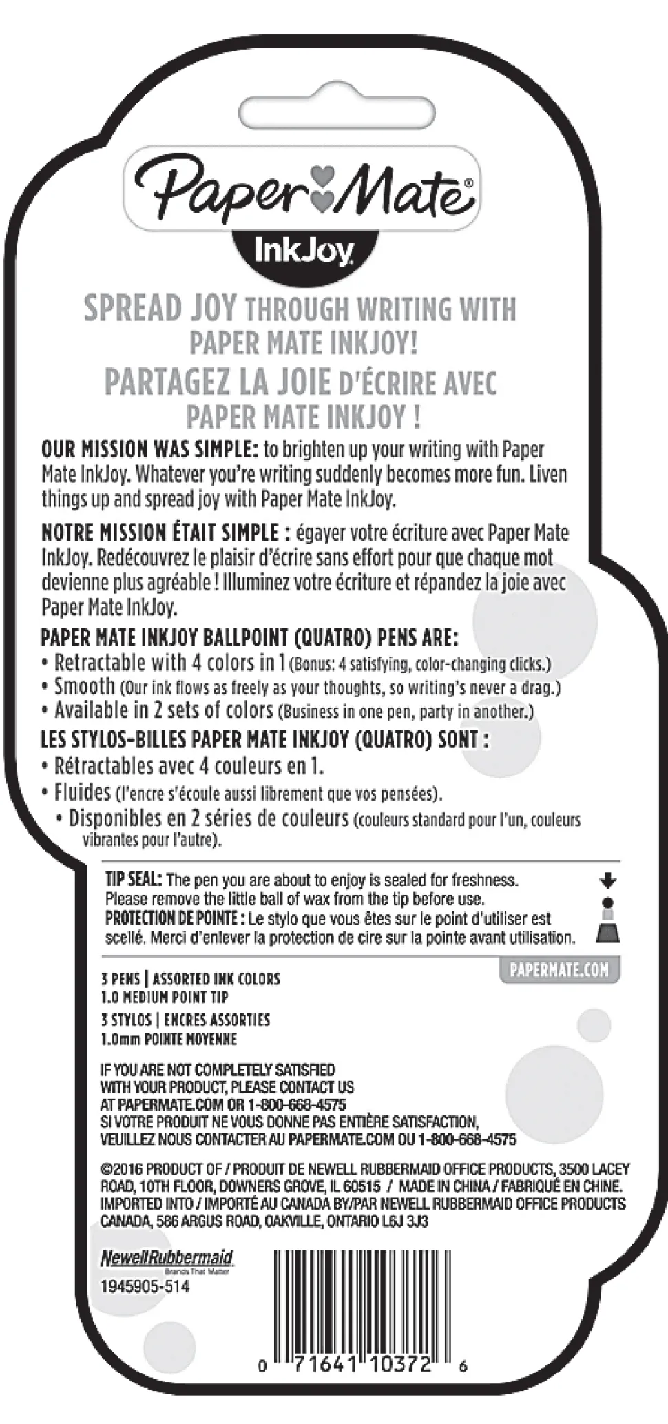 Paper Mate® InkJoy™ Quatro Retractable Ballpoint Pens, Medium Point, 1.0 mm, White Barrels, Assorted Ink Colors, Pack Of 3