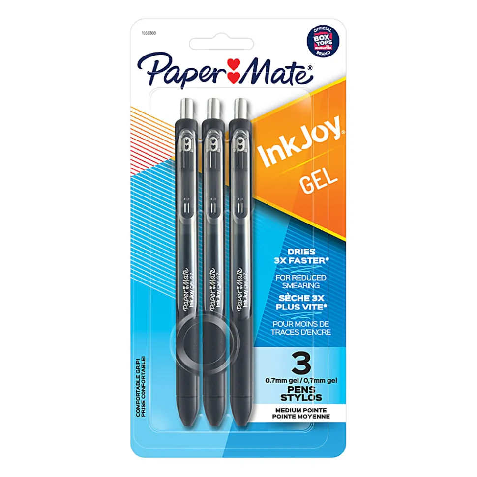 Paper Mate® InkJoy™ Retractable Gel Pens, Medium Point, 0.7 mm, Black Barrels, Black Ink, Pack Of 3