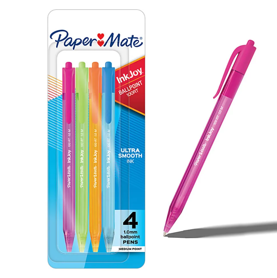 Paper Mate InkJoy 100RT Ballpoint Pens, Medium Point (1.0mm), Assorted Fashion Colors, 4 Count