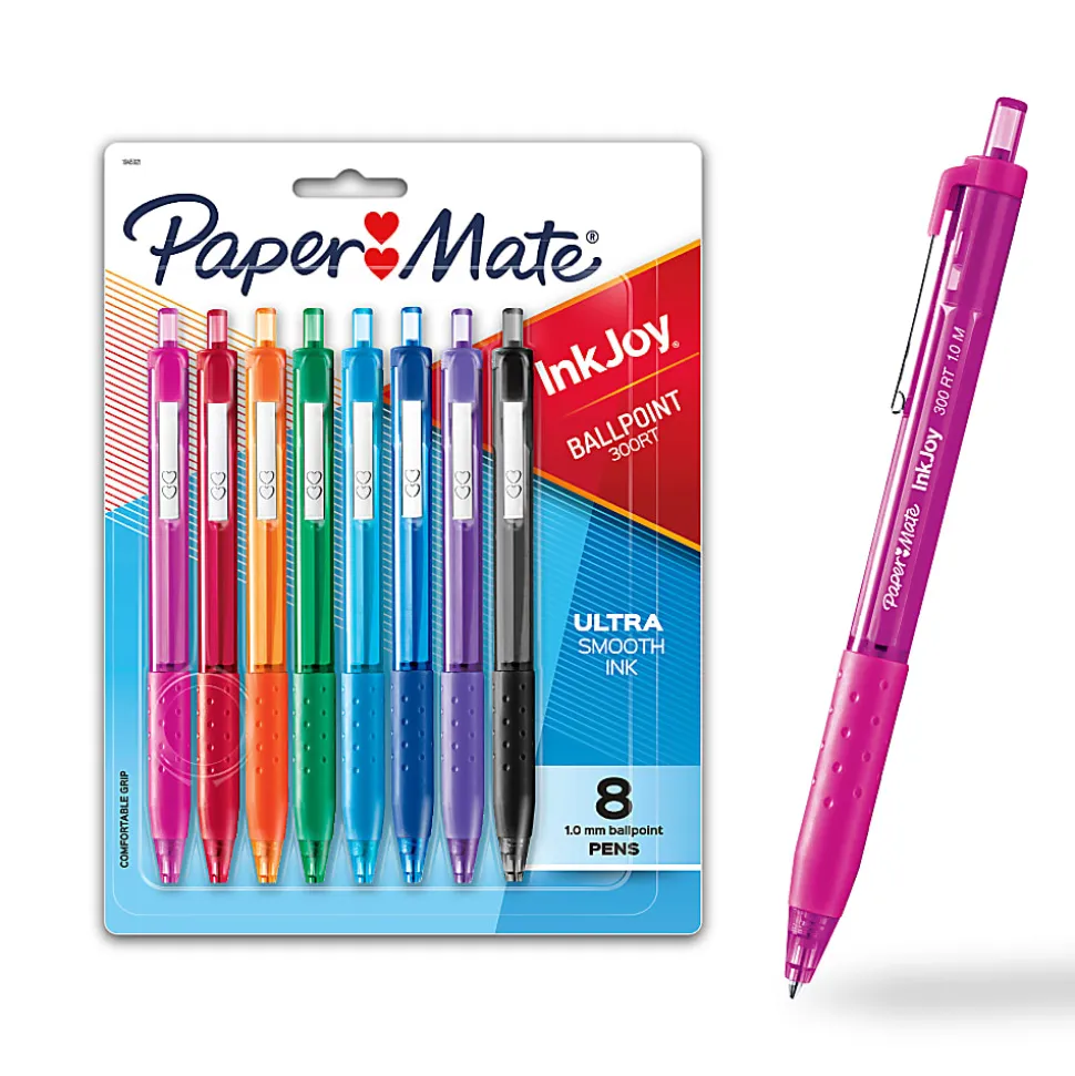 Paper Mate® InkJoy™ 300 RT Retractable Pens, Medium Point, 1.0 mm, Clear Barrels, Assorted Ink Colors, Pack Of 8