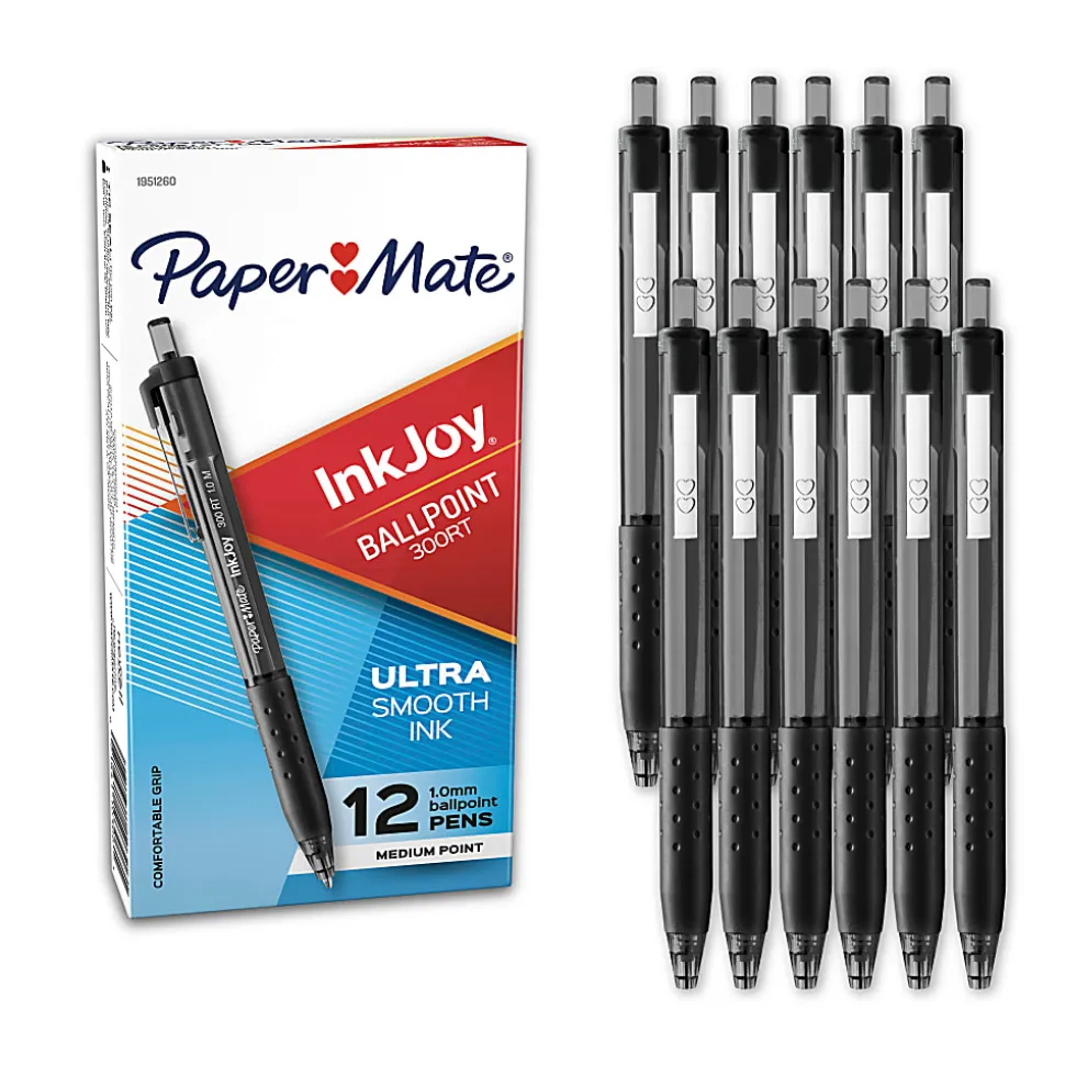 Paper Mate® InkJoy™ 300 RT Retractable Pens, Medium Point, 1.0 mm, Translucent Black Barrels, Black Ink, Pack Of 12