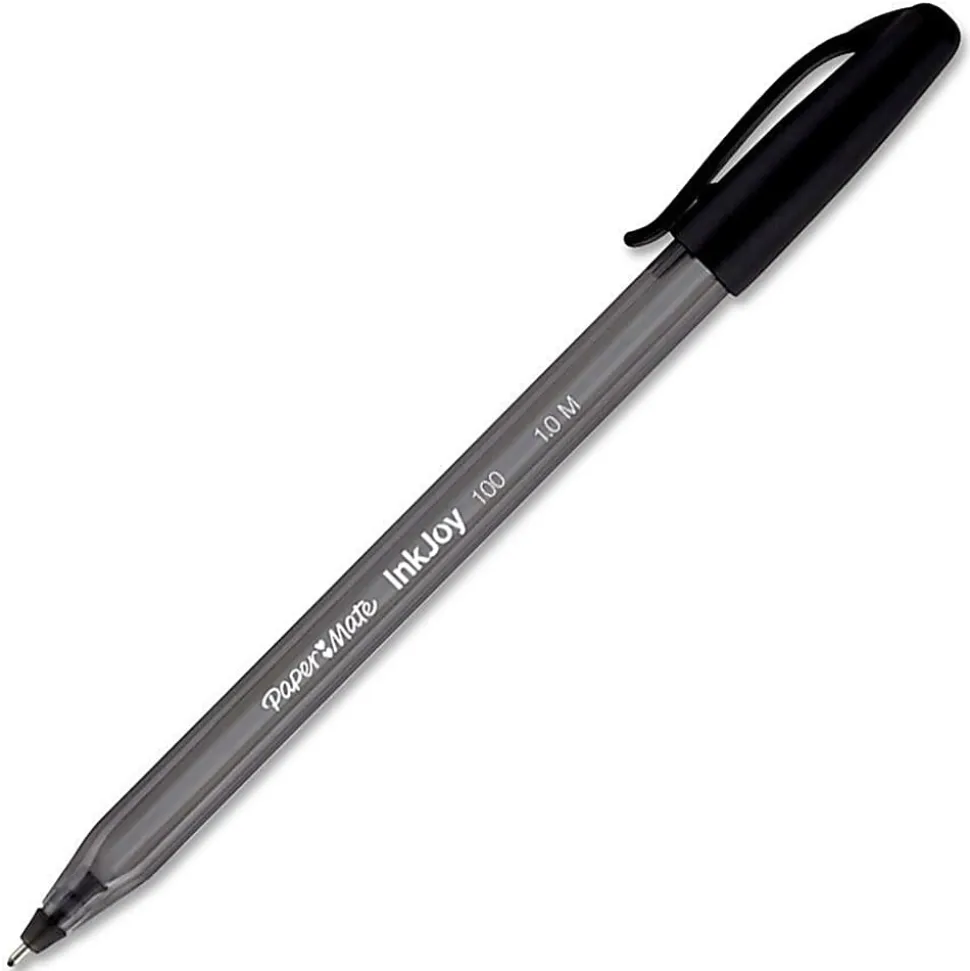 Paper Mate® InkJoy 100 Stick Pens, Medium Point, 1.0 mm, Translucent Black Barrels, Black Ink, Pack Of 12 Pens