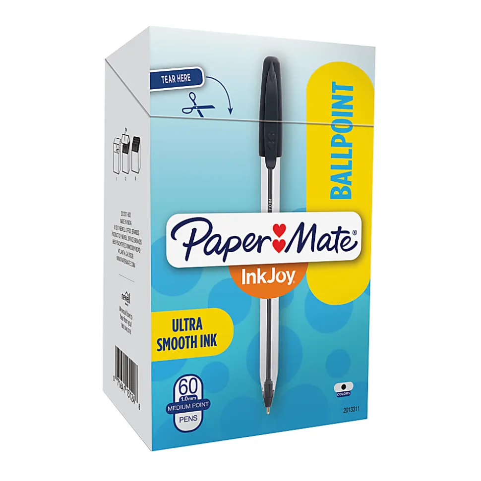 Paper Mate® InkJoy 50ST Stick Ballpoint Pens, Medium Point, 1.0 mm, Clear Barrels, Black Ink, Box of 60