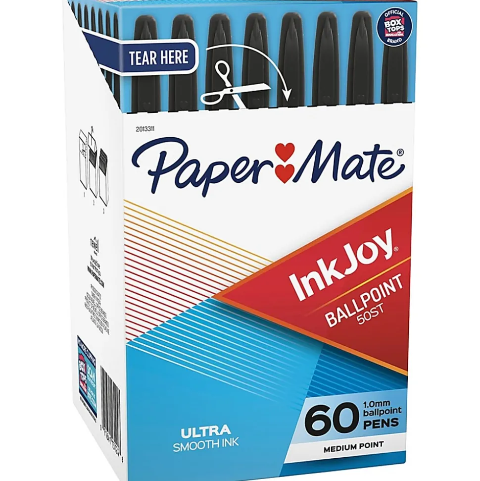 Paper Mate® InkJoy 50ST Stick Ballpoint Pens, Medium Point, 1.0 mm, Clear Barrels, Black Ink, Box of 60