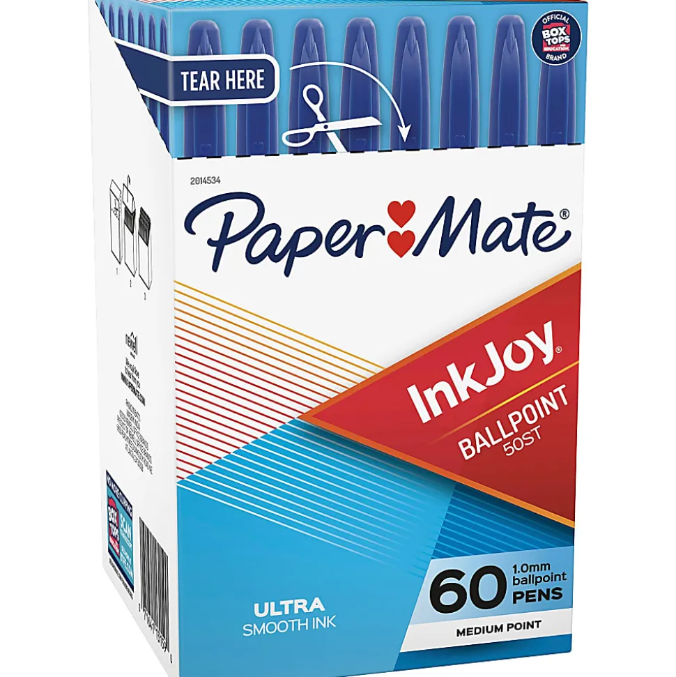 Paper Mate® InkJoy 50ST Stick Ballpoint Pens, Medium Point, 1.0 mm, Clear Barrels, Blue Ink, Box of 60