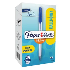 Paper Mate® InkJoy 50ST Stick Ballpoint Pens, Medium Point, 1.0 mm, Clear Barrels, Blue Ink, Box of 60