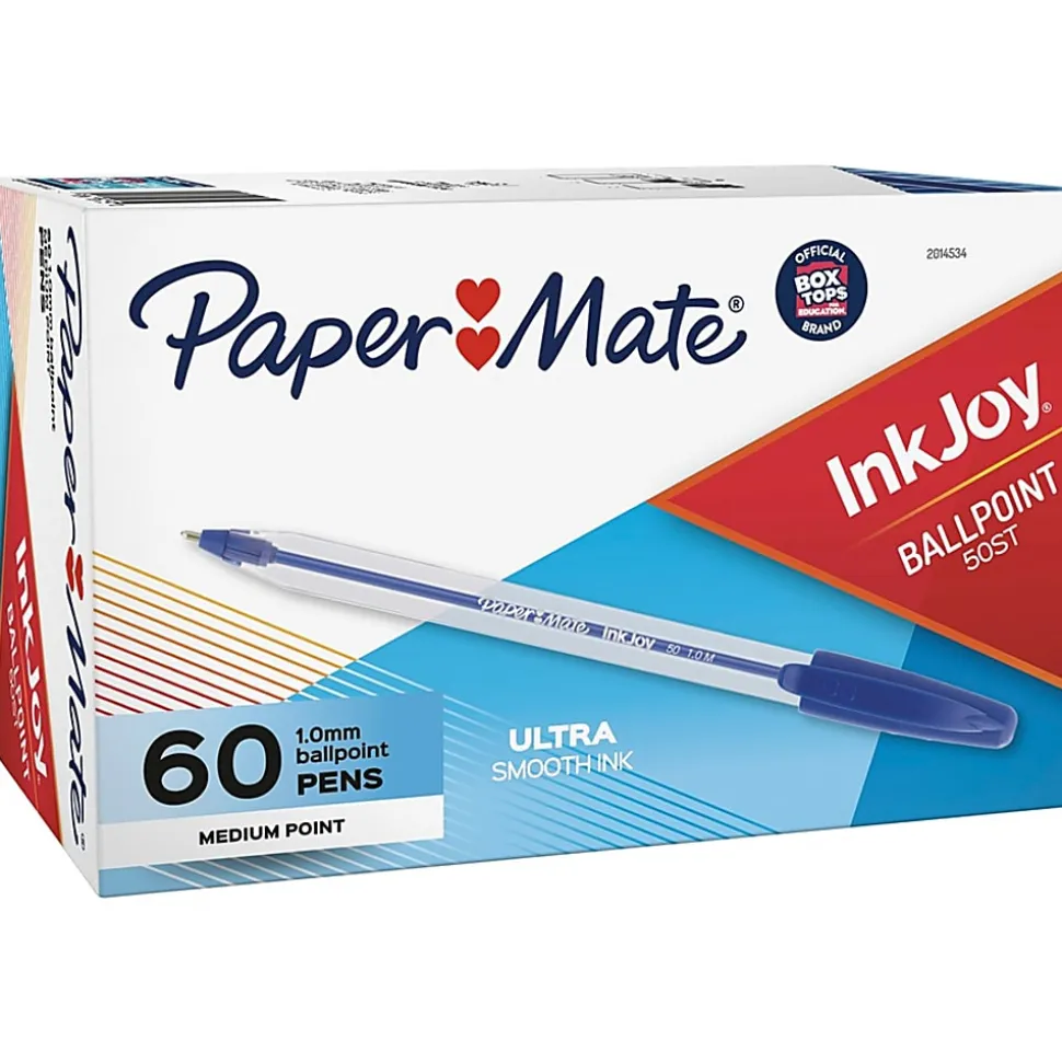 Paper Mate® InkJoy 50ST Stick Ballpoint Pens, Medium Point, 1.0 mm, Clear Barrels, Blue Ink, Box of 60