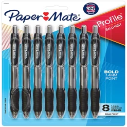 Paper Mate® Profile Retractable Ballpoint Pens, Bold Point, 1.4 mm, Clear Barrel, Black Ink, Pack Of 8 Pens