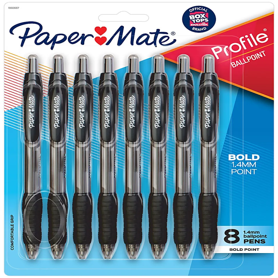 Paper Mate® Profile Retractable Ballpoint Pens, Bold Point, 1.4 mm, Clear Barrel, Black Ink, Pack Of 8 Pens