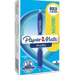 Paper Mate® Profile™ Retractable Ballpoint Pens, Bold Point, 1.4 mm, Translucent Barrel, Blue Ink, Pack Of 12
