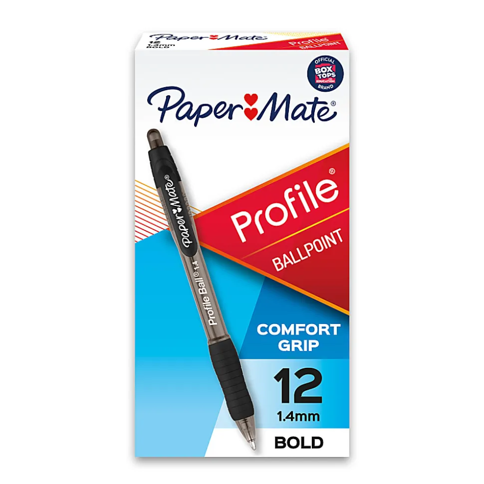 Paper Mate® Profile™ Retractable Ballpoint Pens, Bold Point, 1.4 mm, Translucent Black Barrel, Black Ink, Pack Of 12