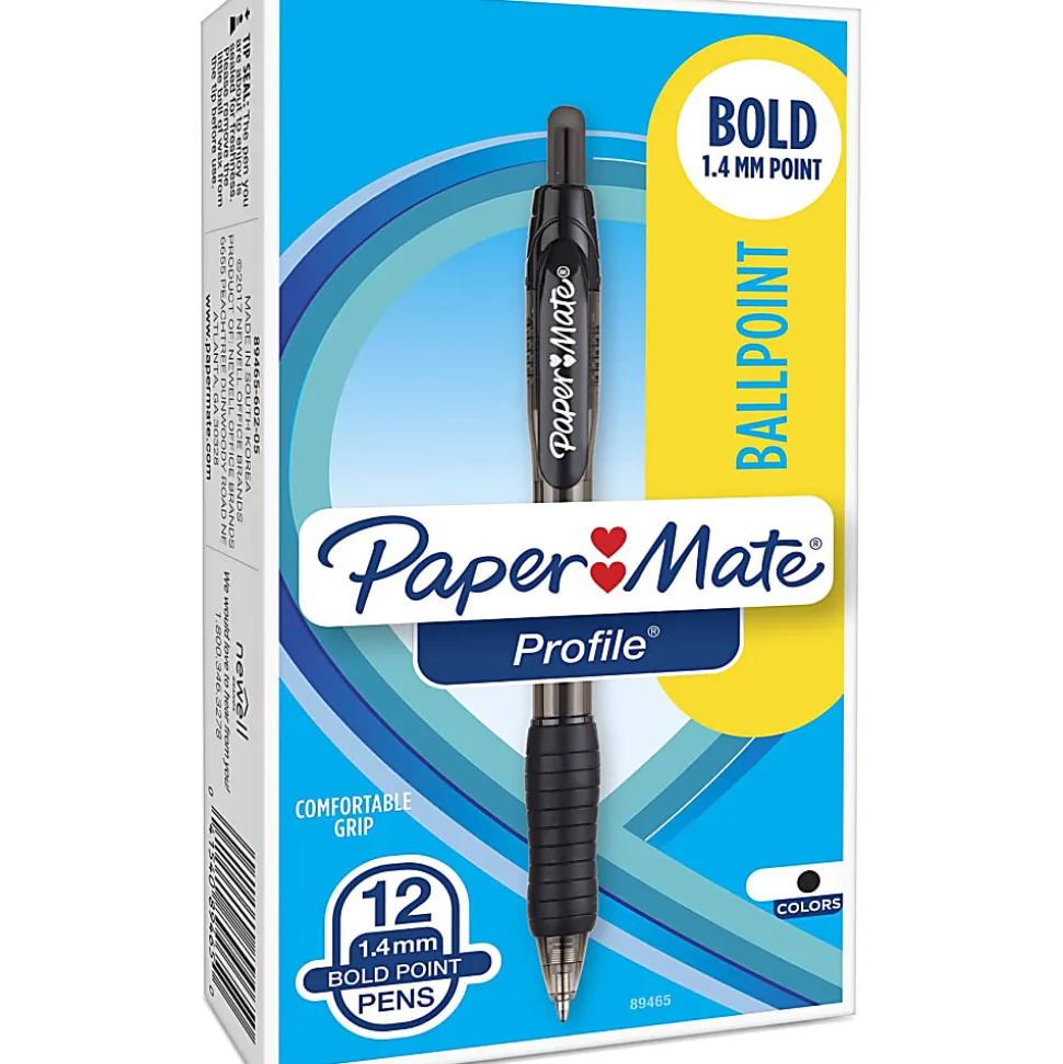 Paper Mate® Profile™ Retractable Ballpoint Pens, Bold Point, 1.4 mm, Translucent Black Barrel, Black Ink, Pack Of 12