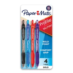 Paper Mate® Profile™ Retractable Ballpoint Pens, Bold Point, 1.4 mm, Translucent Barrel, Assorted Ink Colors, Pack Of 4