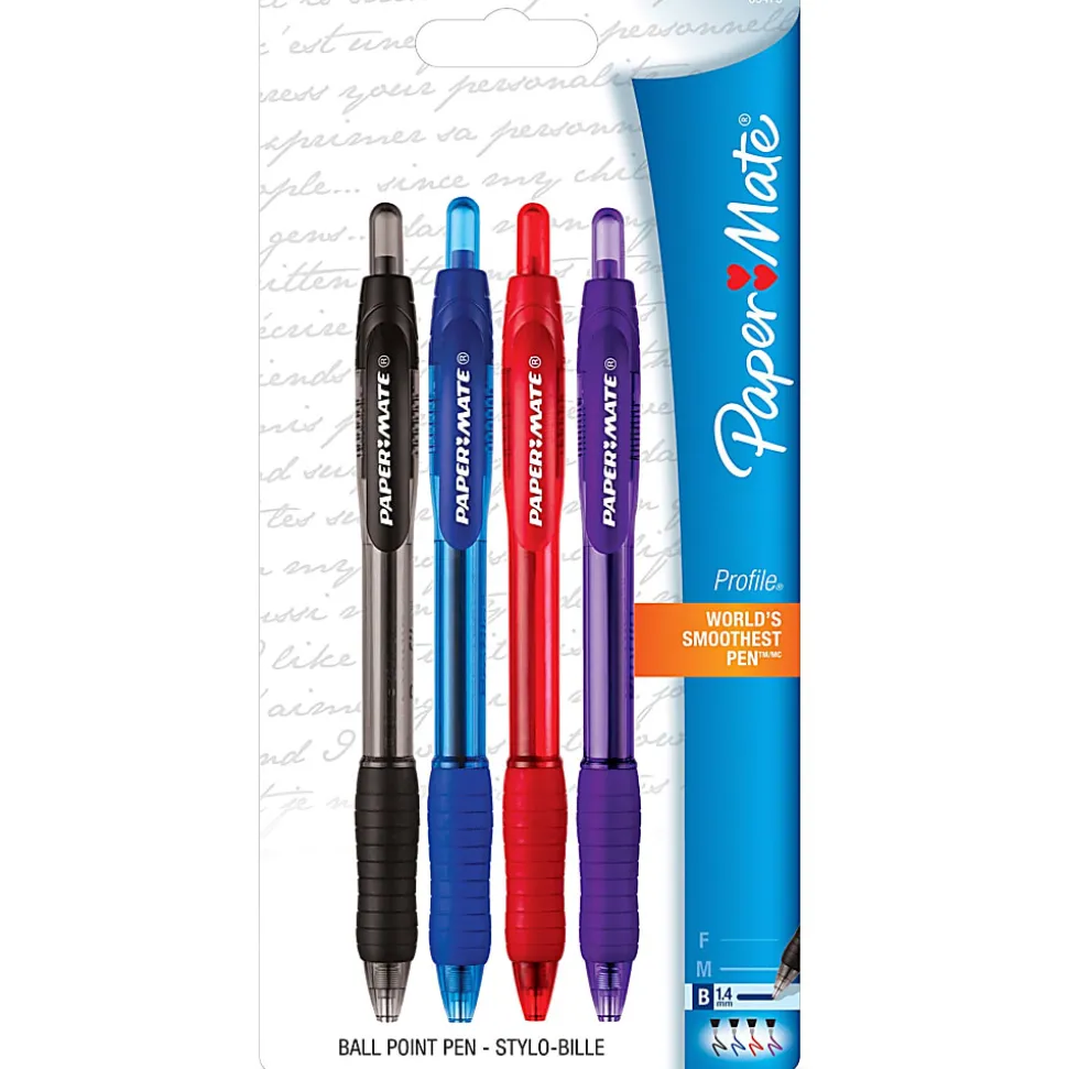 Paper Mate® Profile™ Retractable Ballpoint Pens, Bold Point, 1.4 mm, Translucent Barrel, Assorted Ink Colors, Pack Of 4