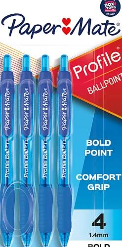 Paper Mate® Profile™ Retractable Ballpoint Pens, Bold Point, 1.4 mm, Translucent Barrel, Blue Ink, Pack Of 4
