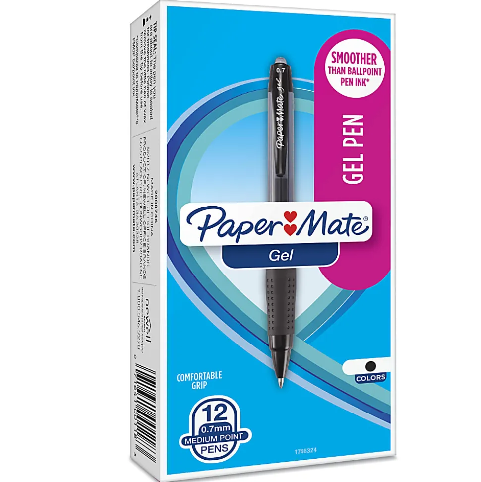 Paper Mate® Retractable Gel Pens, Medium Point, 0.7 mm, Black Barrel, Black Ink, Pack Of 12