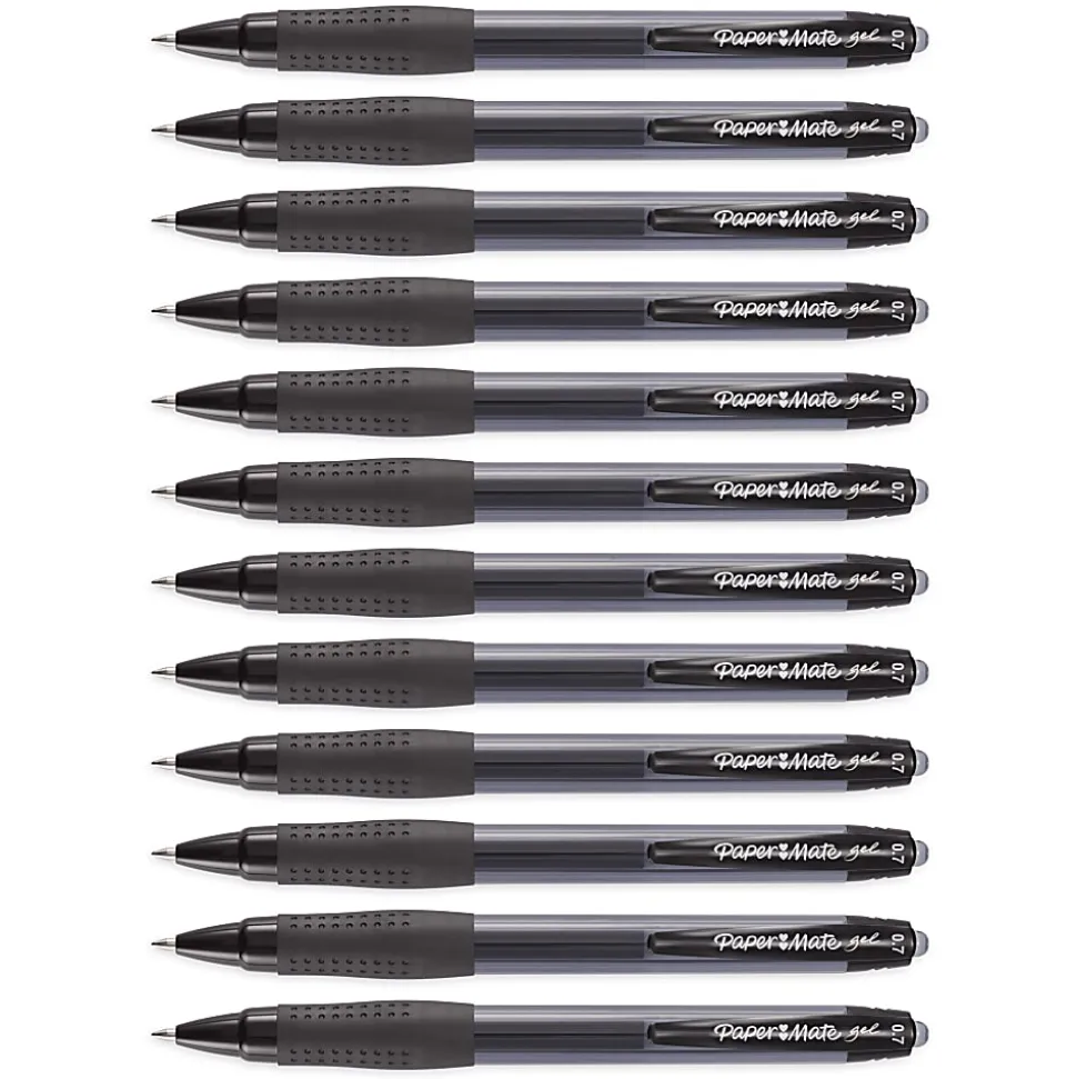 Paper Mate® Retractable Gel Pens, Medium Point, 0.7 mm, Black Barrel, Black Ink, Pack Of 12
